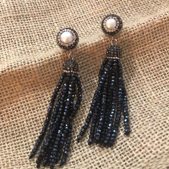 Freshwater pearl pave Tassel crystal earrings - Picture 1 of 5